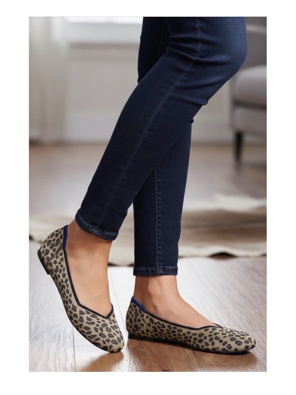 Rothy's Leopard Print Ballet Flats in Tan and Black with Blue Trim
